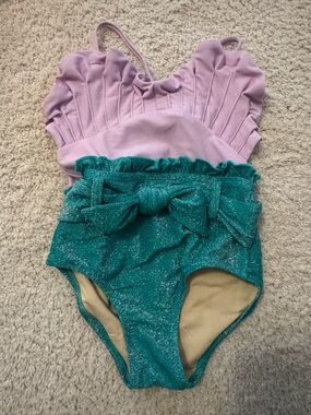 Kids Glitter Bow One-Piece Swimsuit in Lilac and Teal Mermaid